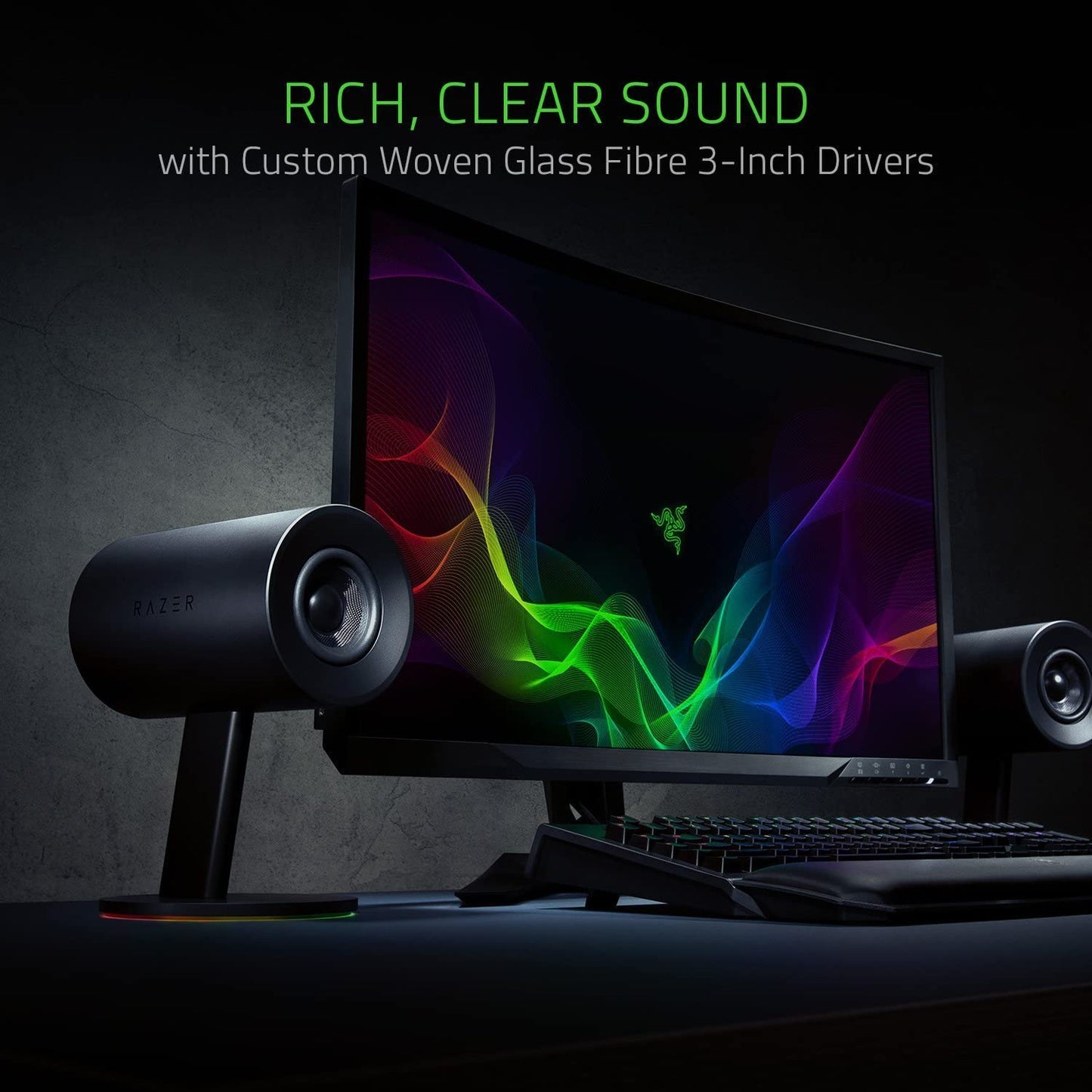 Nommo Chroma: Custom Woven 3" Glass Fiber Drivers - Rear-Facing Bass Ports - Bass Knob W/Automatic Gain Control Chroma Enabled - Full Range 2.0 PC Gaming Speakers, Black