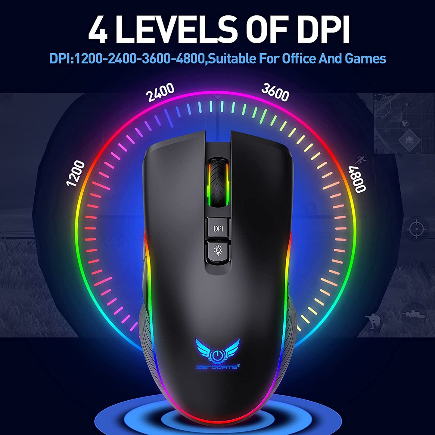 Rechargeable Wireless Gaming Mouse, RGB LED Backlit Mouse with 4 Adjustable DPI, 7 Button, 2.4G USB Optical Gaming Ergonomic Computer Mice for Laptop PC Gamer Computer Desktop (Black)