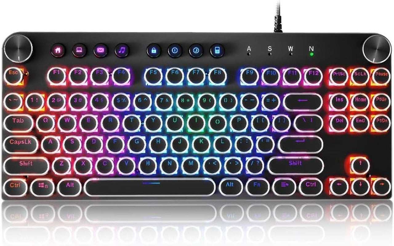 Mechanical Keyboard, 87 Keys Brown Switch RGB Keyboard with Media Control Knobs, Retro round Keys Gaming Keyboard, Black