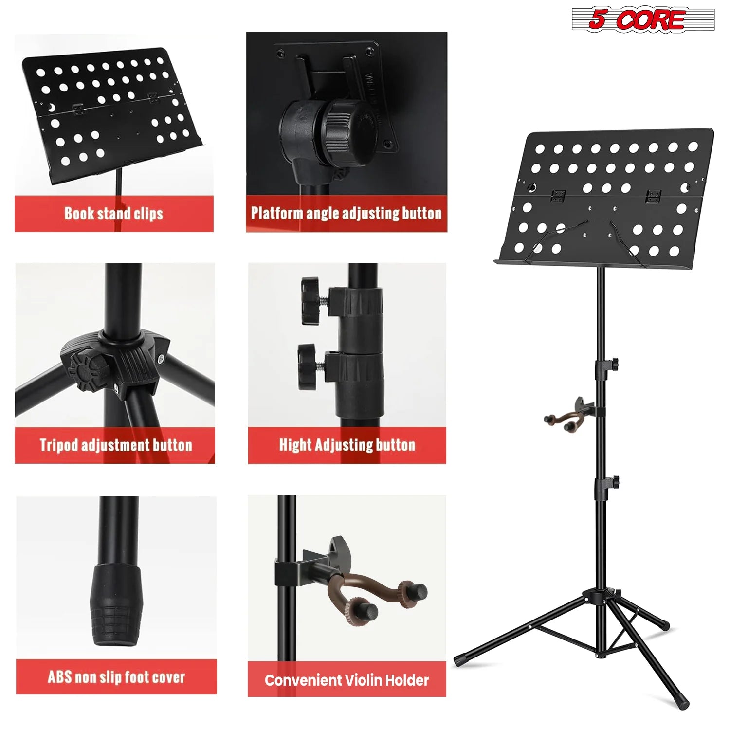 5Core Music Stand for Sheet Music Portable Tripod Adjustable Folding Note Holder BLACK