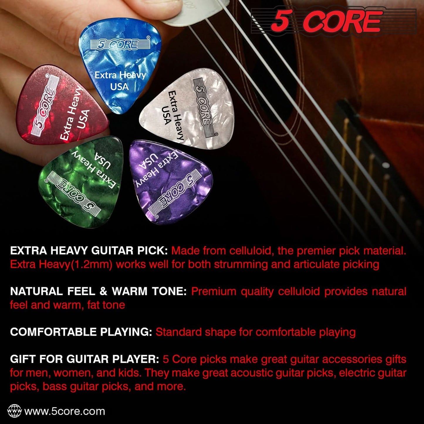 5Core Guitar Picks 1.2Mm Celluloid Extra Heavy Gauge Pick - Acoustic Electric Bass Guitars RED