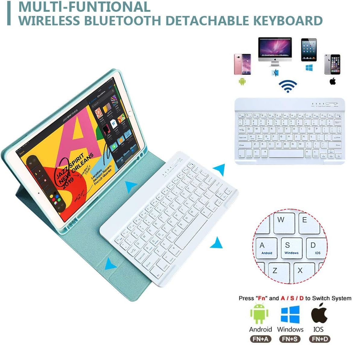 for Ipad Keyboard Case for 10.2" 9Th/8Th/7Th Generation 2021/2020/2019, Detachable Wireless BT Keyboard with Magnetic Protective Cover with Pencil Holder for Ipad Pro 10.5" 2019