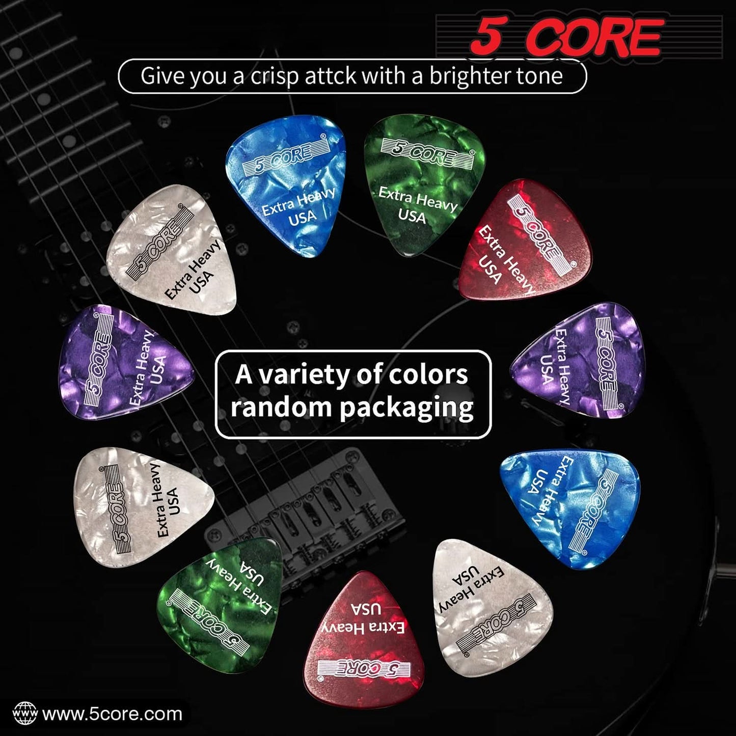 5Core Guitar Picks 1.2Mm Celluloid Extra Heavy Gauge Pick - Acoustic Electric Bass Guitars RED