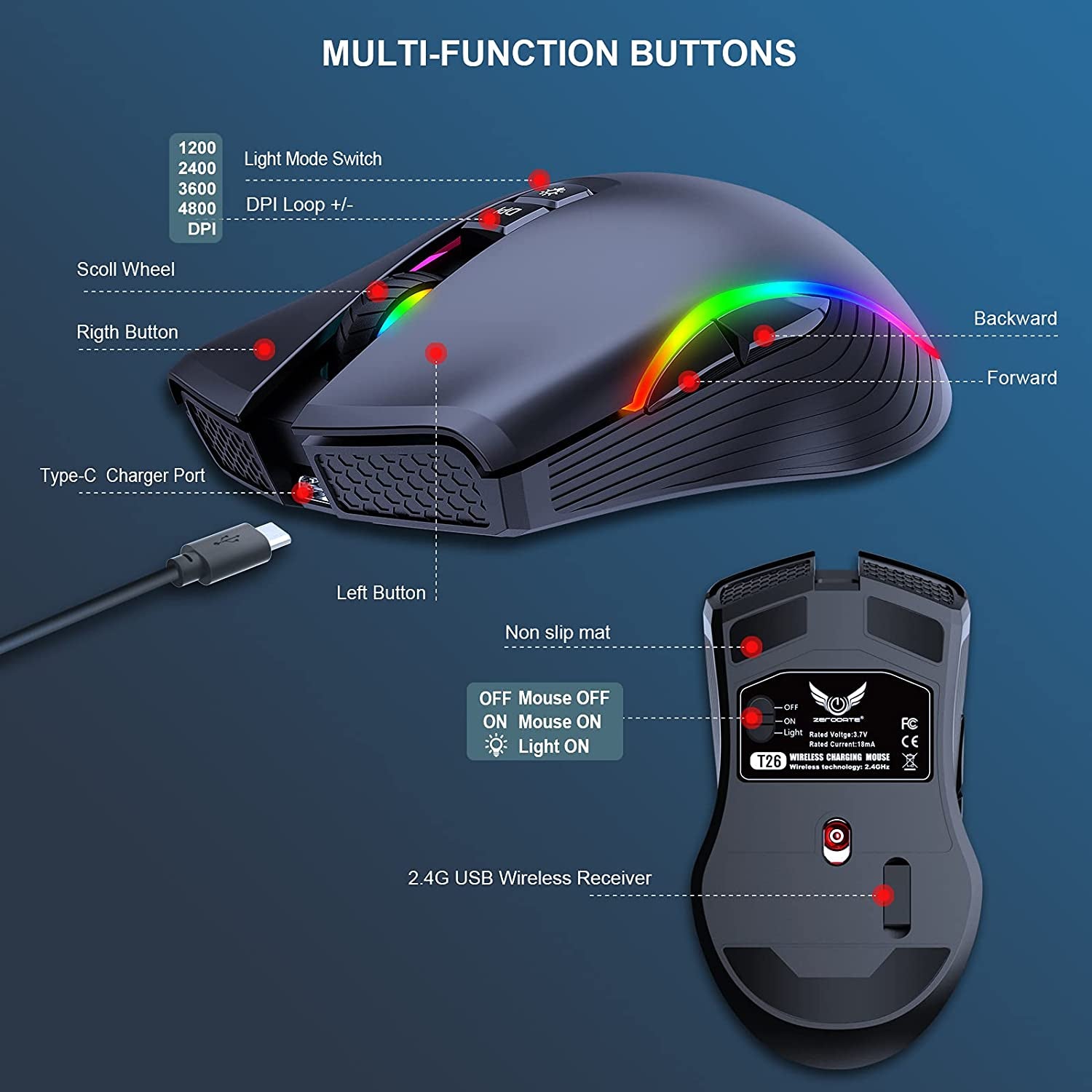 Rechargeable Wireless Gaming Mouse, RGB LED Backlit Mouse with 4 Adjustable DPI, 7 Button, 2.4G USB Optical Gaming Ergonomic Computer Mice for Laptop PC Gamer Computer Desktop (Black)