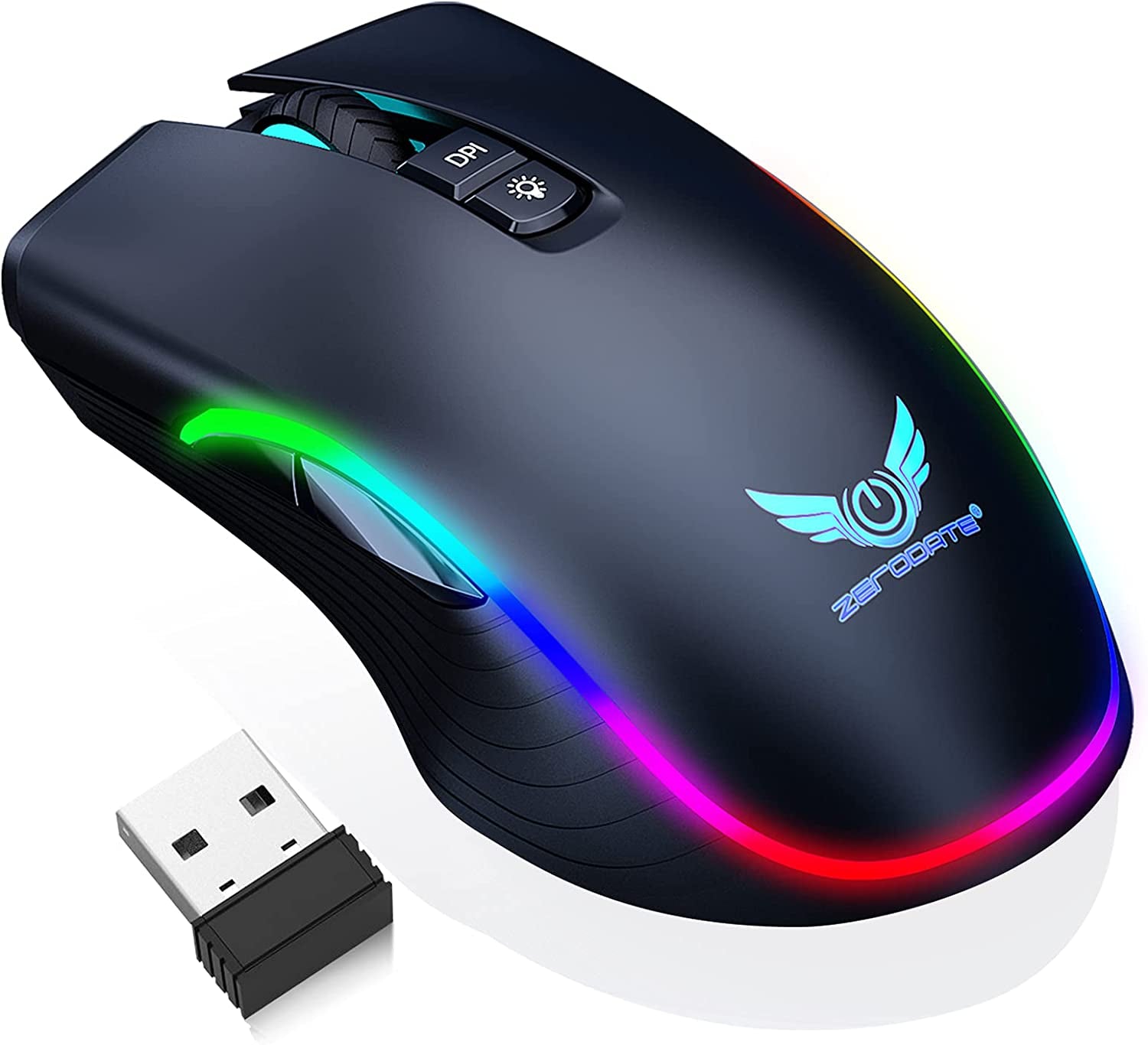 Rechargeable Wireless Gaming Mouse, RGB LED Backlit Mouse with 4 Adjustable DPI, 7 Button, 2.4G USB Optical Gaming Ergonomic Computer Mice for Laptop PC Gamer Computer Desktop (Black)