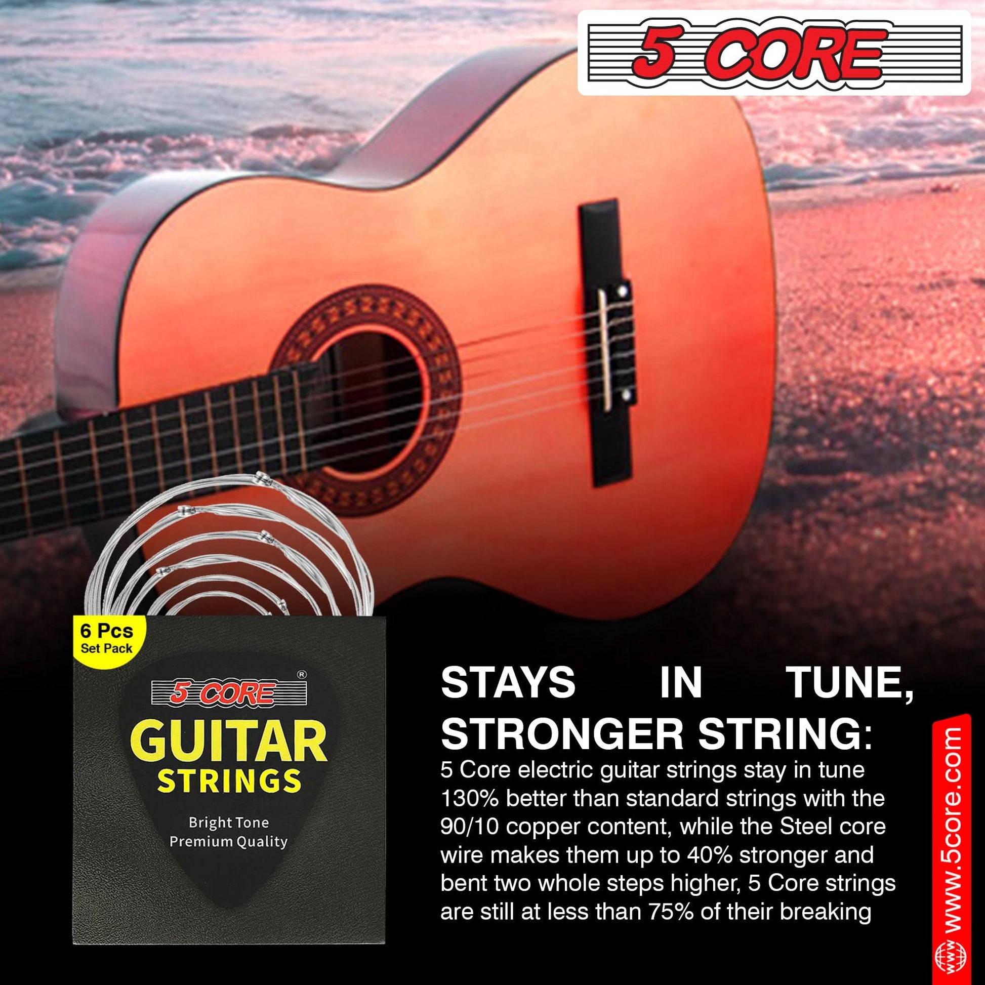 5Core Acoustic Guitar Strings 0.010-0.048 Steel Gauge Heavy Duty W Bright Tone for 6 String Guitars