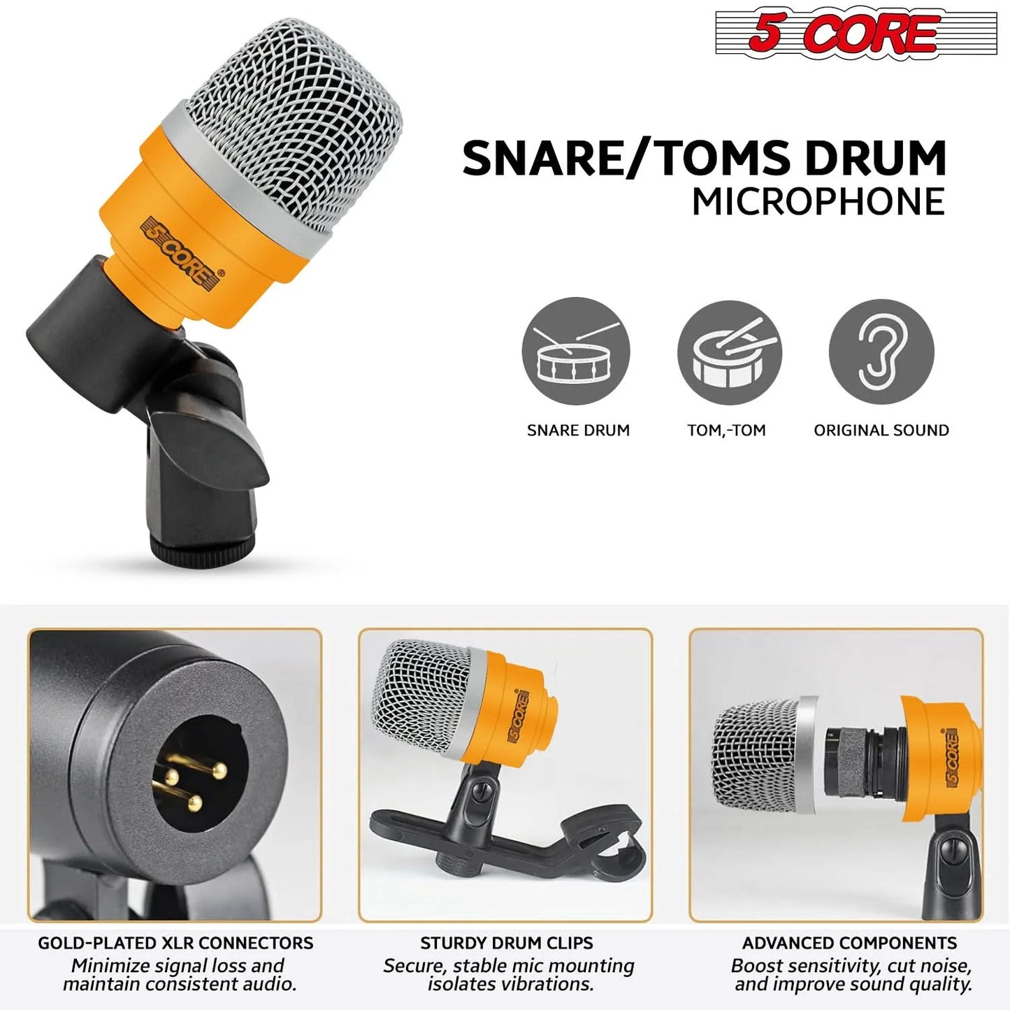 5Core Drum Mic Kit 7 Pcs Kick Basstom Snare Dynamic Microphone Instrument Mics Set Yellow