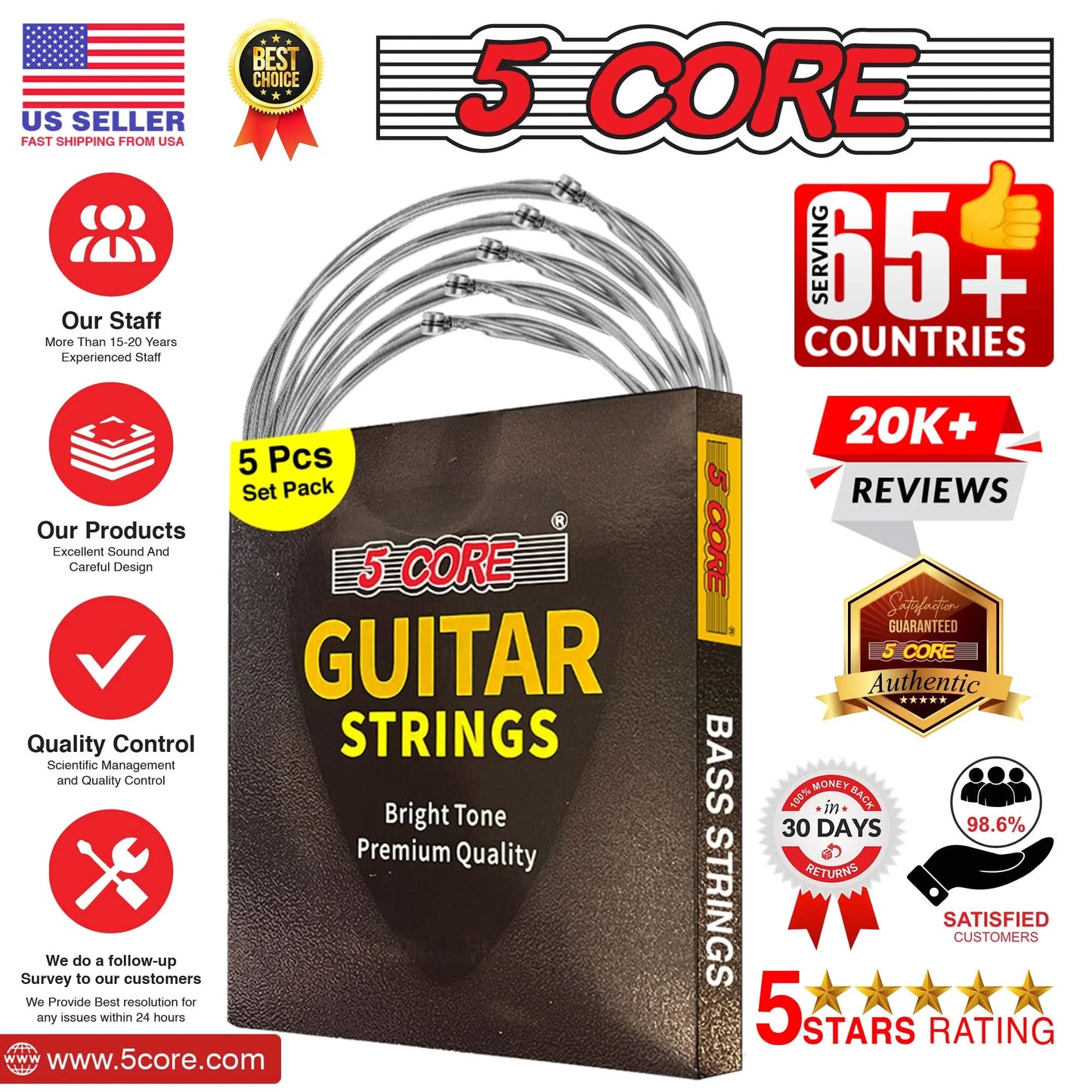 5Core Bass Electric Guitar Strings 0.045-.100 Gauge W Bright Tone for 6 String Guitars