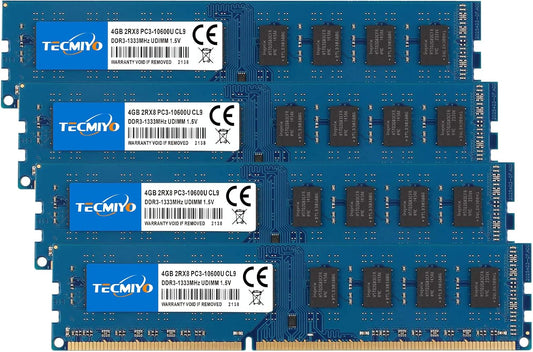 Ram 16GB Kit (4X4Gb) DDR3 1333Mhz 16GB PC3-10600/PC3 10600U Non ECC Unbuffered 1.5V CL9 2RX8 Dual Rank 240 Pin UDIMM Desktop Memory Ram Module (DDR3 4X4Gb)