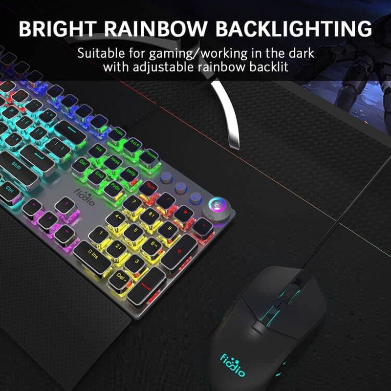 Mechanical Gaming Keyboard, LED Rainbow Gaming Backlit, 104 Anti-Ghosting Keys, Quick-Response Black Switches, Multimedia Control for PC and Desktop Computer, with Removable Hand Rest