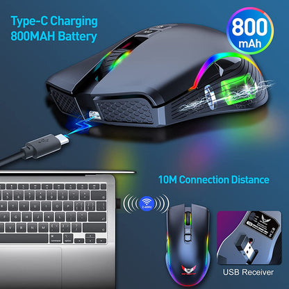 Rechargeable Wireless Gaming Mouse, RGB LED Backlit Mouse with 4 Adjustable DPI, 7 Button, 2.4G USB Optical Gaming Ergonomic Computer Mice for Laptop PC Gamer Computer Desktop (Black)