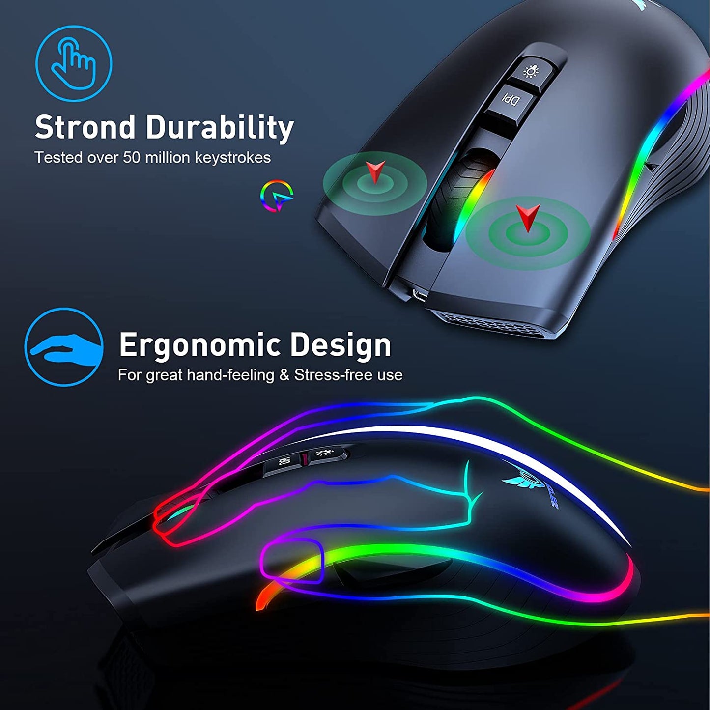 Rechargeable Wireless Gaming Mouse, RGB LED Backlit Mouse with 4 Adjustable DPI, 7 Button, 2.4G USB Optical Gaming Ergonomic Computer Mice for Laptop PC Gamer Computer Desktop (Black)