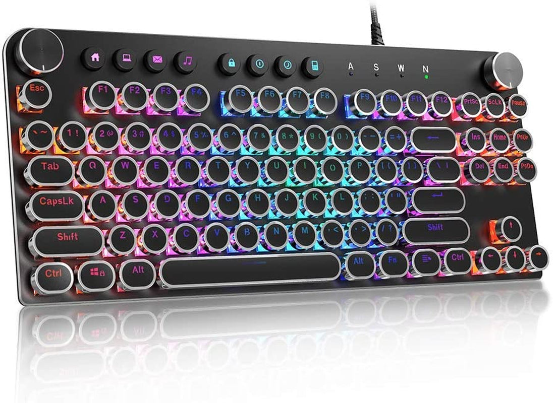 Mechanical Keyboard, 87 Keys Brown Switch RGB Keyboard with Media Control Knobs, Retro round Keys Gaming Keyboard, Black