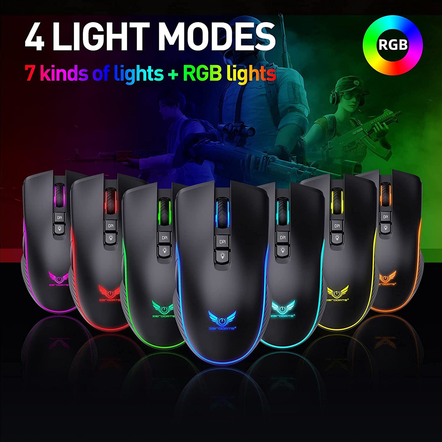 Rechargeable Wireless Gaming Mouse, RGB LED Backlit Mouse with 4 Adjustable DPI, 7 Button, 2.4G USB Optical Gaming Ergonomic Computer Mice for Laptop PC Gamer Computer Desktop (Black)