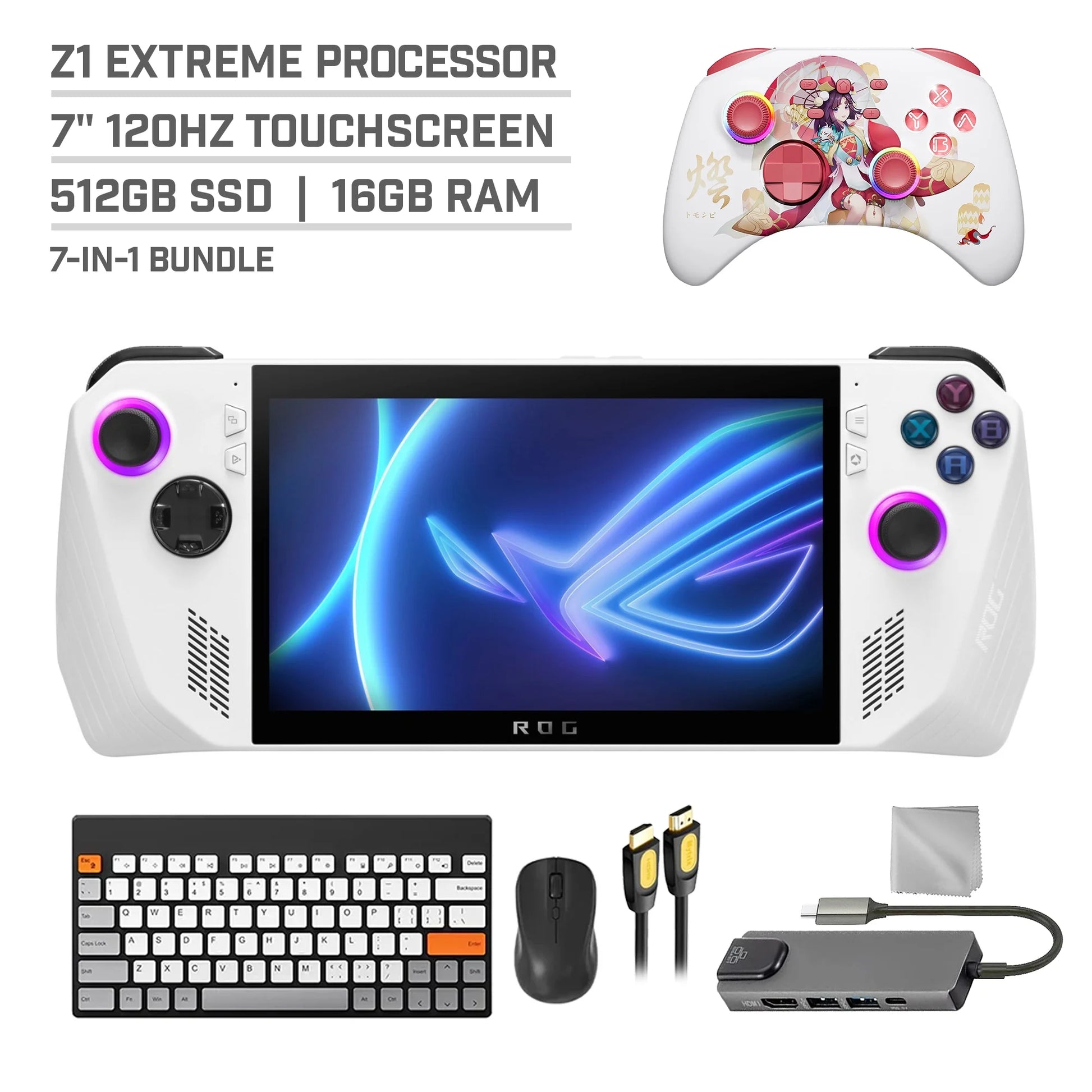 ROG Ally 512GB Gaming Handheld 7-Inch Touchscreen 120Hz FHD 1080P AMD Ryzen Z1 Processor, Mytrix Touro Wireless Pro Controller, Hub, Keyboard & Mouse Combo, 7 in 1 Bundle