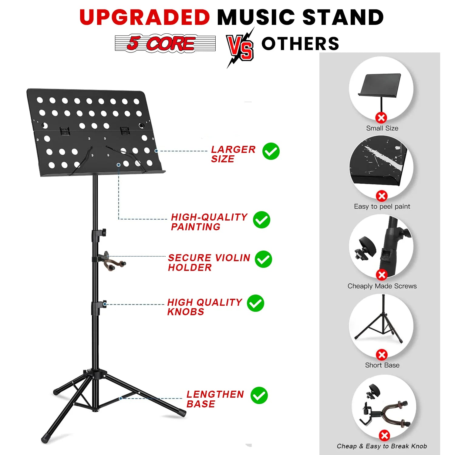 5Core Music Stand for Sheet Music Portable Tripod Adjustable Folding Note Holder BLACK