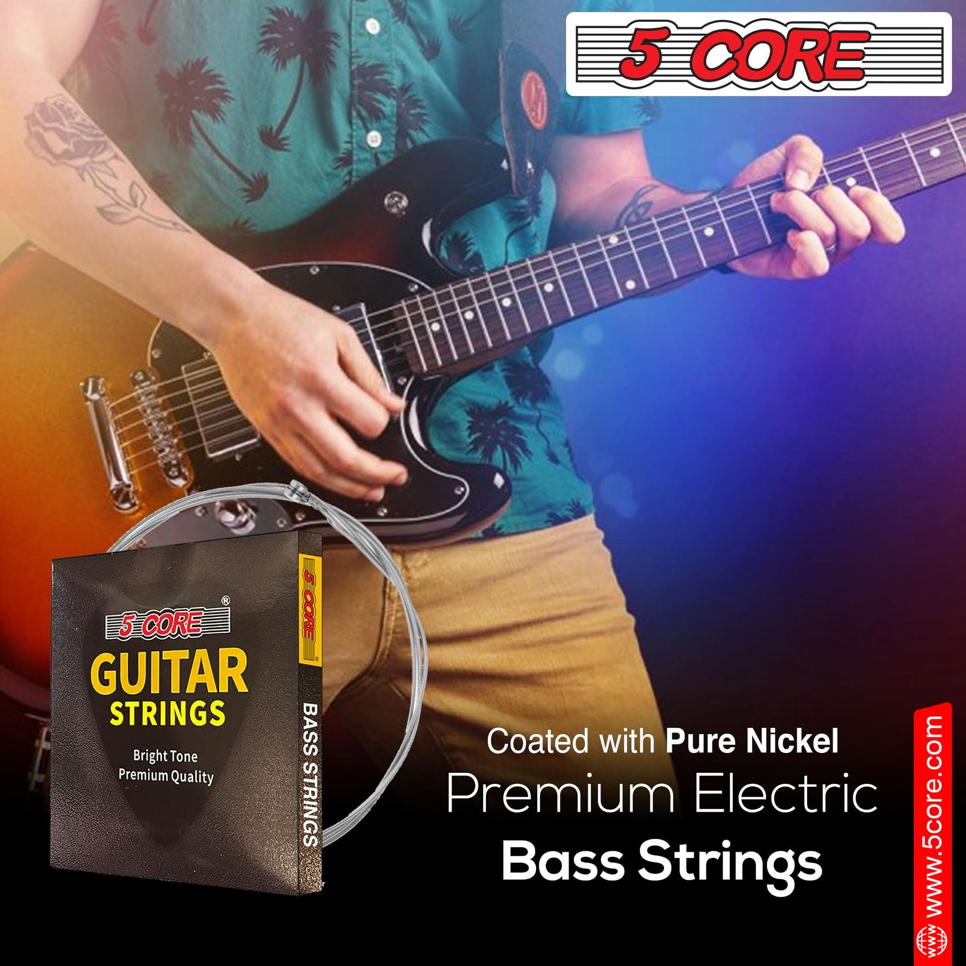 5Core Bass Electric Guitar Strings 0.045-.100 Gauge W Bright Tone for 6 String Guitars