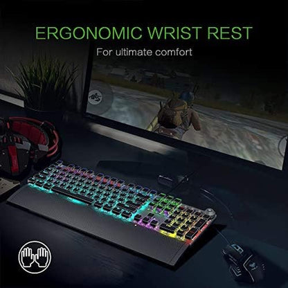 Mechanical Gaming Keyboard, LED Rainbow Gaming Backlit, 104 Anti-Ghosting Keys, Quick-Response Black Switches, Multimedia Control for PC and Desktop Computer, with Removable Hand Rest