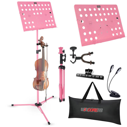 5Core Music Stand for Sheet Music Portable Tripod Adjustable Folding Note Holder PINK