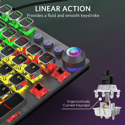 Mechanical Gaming Keyboard, LED Rainbow Gaming Backlit, 104 Anti-Ghosting Keys, Quick-Response Black Switches, Multimedia Control for PC and Desktop Computer, with Removable Hand Rest