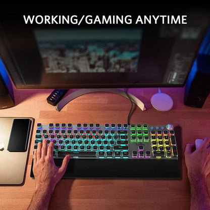 Mechanical Gaming Keyboard, LED Rainbow Gaming Backlit, 104 Anti-Ghosting Keys, Quick-Response Black Switches, Multimedia Control for PC and Desktop Computer, with Removable Hand Rest