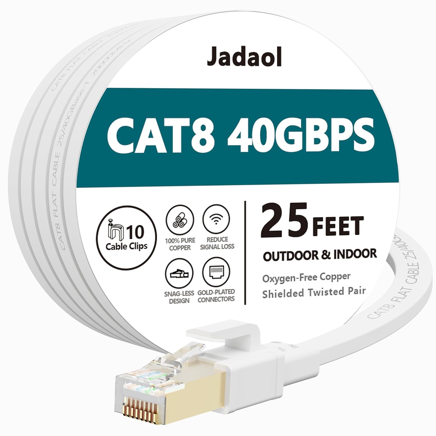 Cat8 Ethernet Cable, Outdoor&Indoor, 25 FT Heavy Duty High Speed Cat 8 LAN Network Cable, 40Gbps 2000Mhz RJ45 Flat Internet Computer Patch Cord, Weatherproof S/FTP UV Resistant for Router/Modem/Gaming