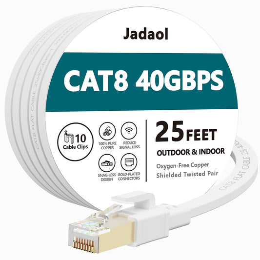 Cat8 Ethernet Cable, Outdoor&Indoor, 25 FT Heavy Duty High Speed Cat 8 LAN Network Cable, 40Gbps 2000Mhz RJ45 Flat Internet Computer Patch Cord, Weatherproof S/FTP UV Resistant for Router/Modem/Gaming