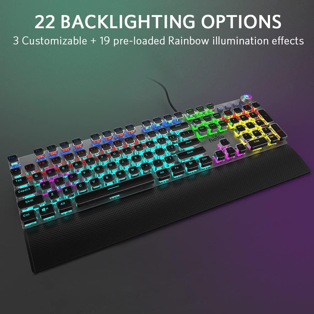 Mechanical Gaming Keyboard, LED Rainbow Gaming Backlit, 104 Anti-Ghosting Keys, Quick-Response Black Switches, Multimedia Control for PC and Desktop Computer, with Removable Hand Rest