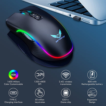 Rechargeable Wireless Gaming Mouse, RGB LED Backlit Mouse with 4 Adjustable DPI, 7 Button, 2.4G USB Optical Gaming Ergonomic Computer Mice for Laptop PC Gamer Computer Desktop (Black)