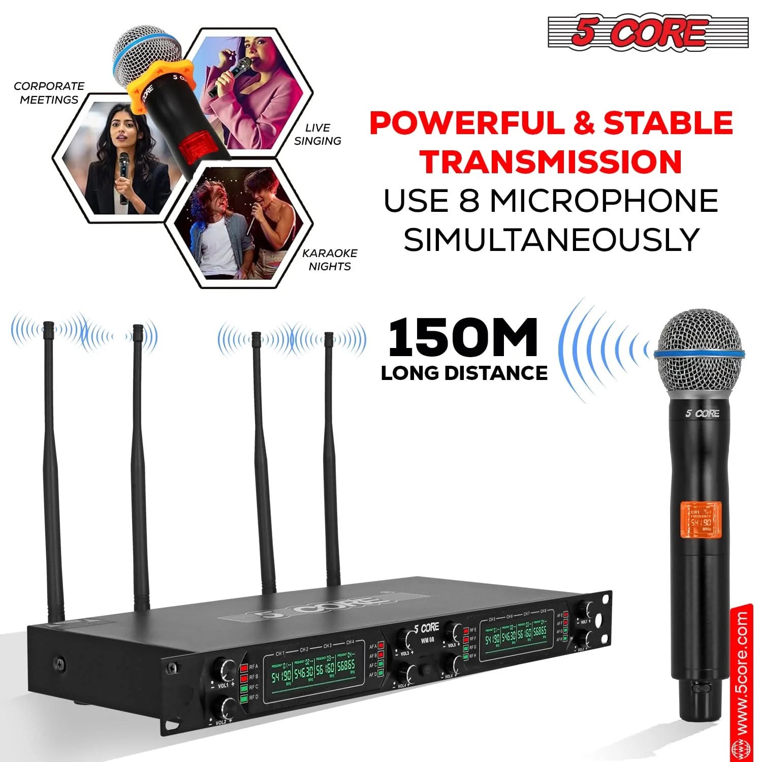 5Core Wireless Microphones 8 Channel Karaoke Professional UHF Singing Mic System Cordless Microfonos