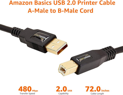 USB-A to USB-B 2.0 Cable with 480 Mbps Transfer Speed for Printer or External Hard Drive, Gold-Plated Connectors, 6 Foot, Black